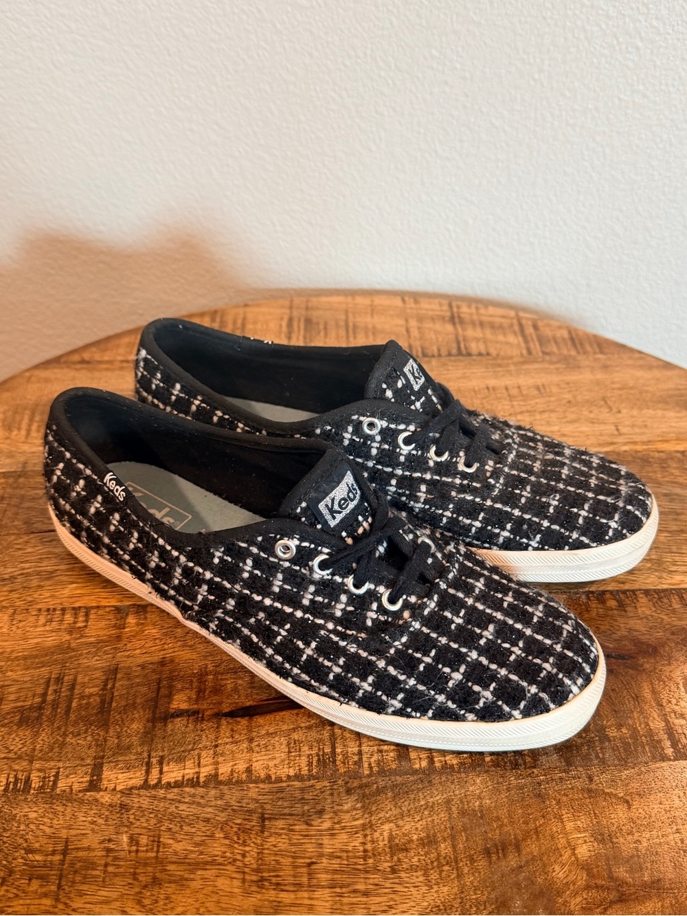 Keds Champion Metallic Boucle Tweed Sneakers Black White Plaid Size 7